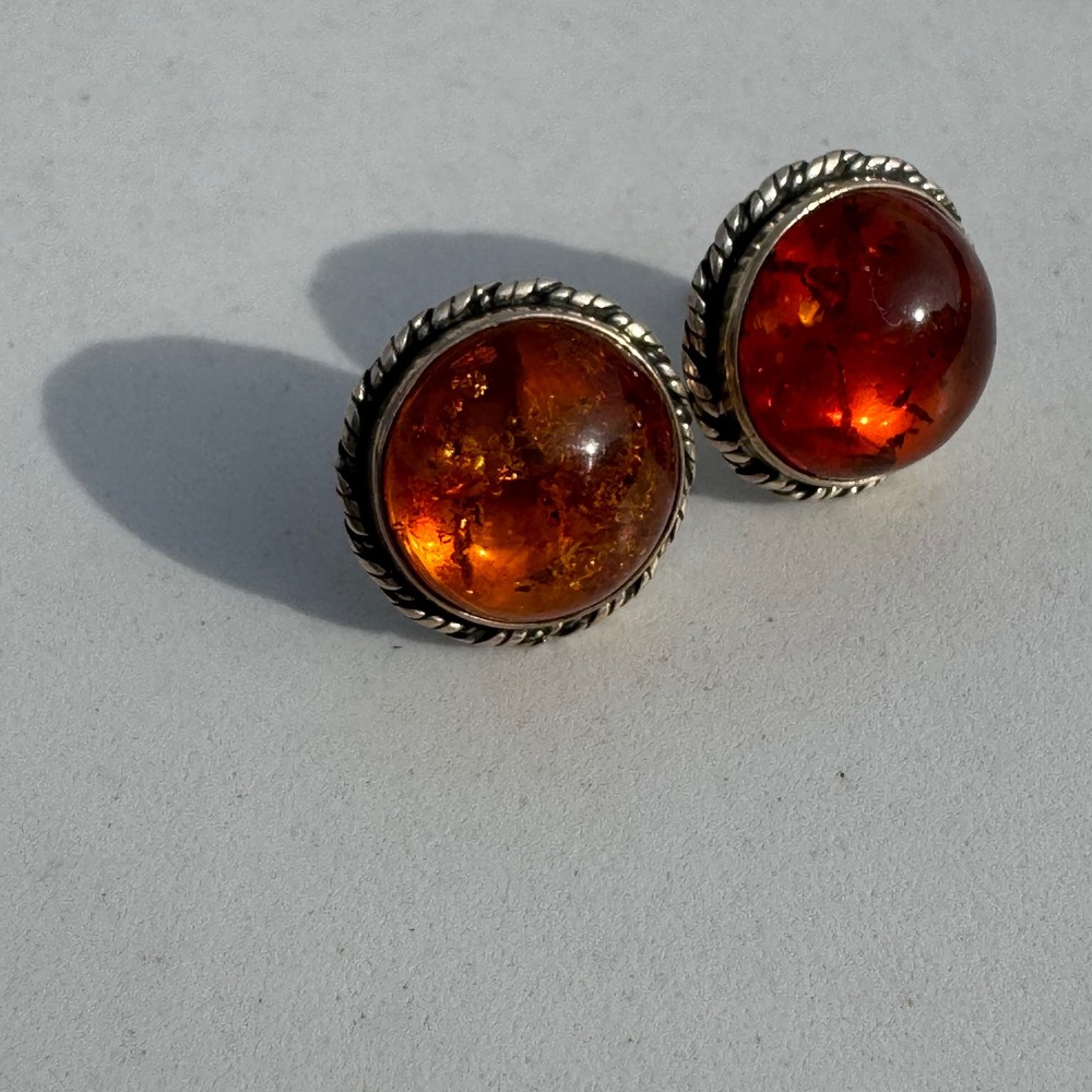 Sterling Silver Round Amber Stud Earrings Gemstone Natural Stone‎